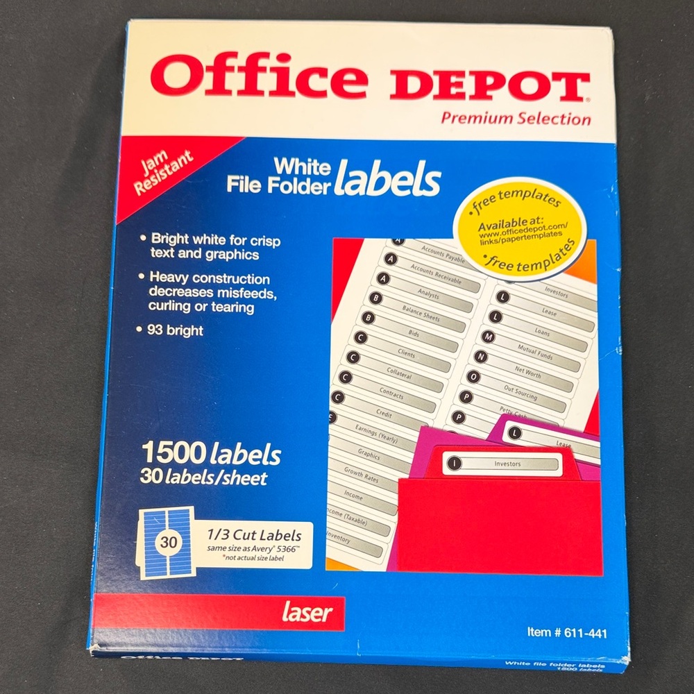 Office Depot Premium Selection White File Folder Labels Jam Resistant 1/3 cut
